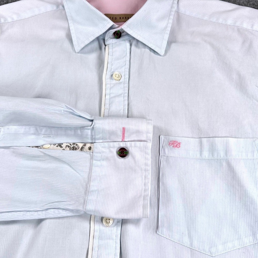 Ted Baker London Mens 5 XL Shirt Blue Pinstripe Roll Tab Sleeve Pink TB Logo